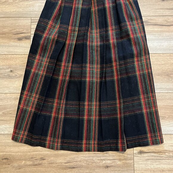 Wimbleton by Hartwell Pleated Midi Skirt SZ 6 Black Plaid Green Red Wool Blend - Picture 3 of 8